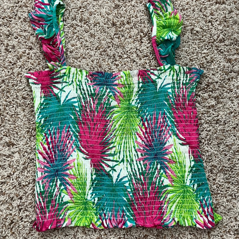 Rose & Olive Green and Pink Smocked Sleeveless Tank Top